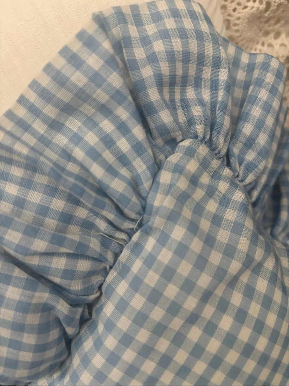 Handcrafted Blue Gingham Pillow Cathedral Window  w/Lace Final Sale